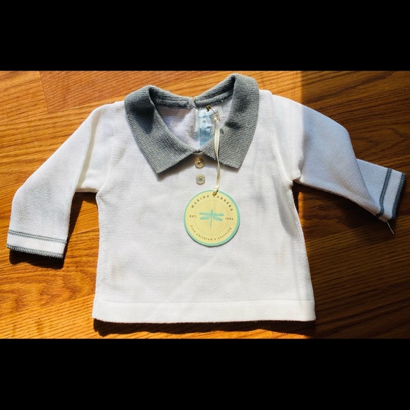 NWT Marina Cabrera fine Infant long sleeve polo collar top grey & white 3 M - Picture 1 of 5